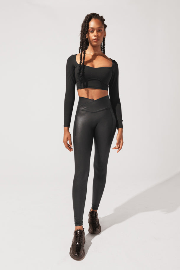 High Rise Crisscross Hourglass Legging™ with Pockets in Vegan Stretch Leather - Black by POPFLEX®