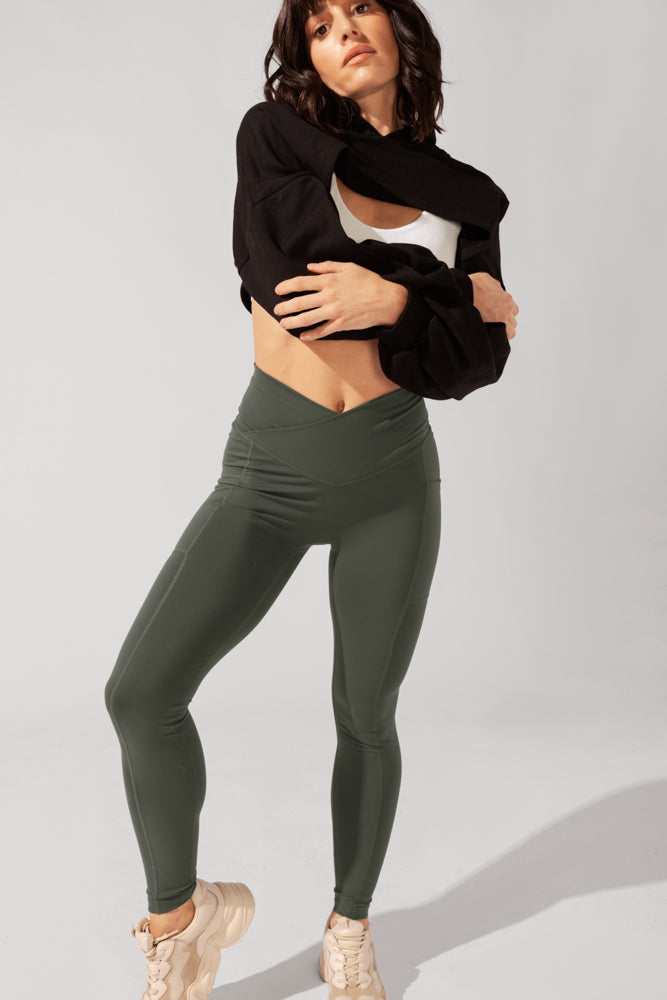 High Rise Crisscross Hourglass Legging™ with Pockets - Dark Sage by POPFLEX®