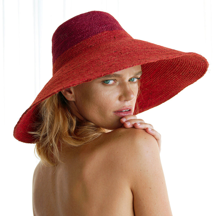 Riri Duo Jute Straw Hat, in Maroon & Red by BrunnaCo