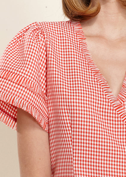 Fringe Trim Gingham Wrap Blouse by Shop at Konus